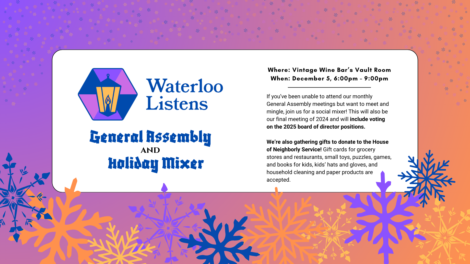 Illustration advertising Waterloo Listen's 2024 general assembly and holiday mixer.